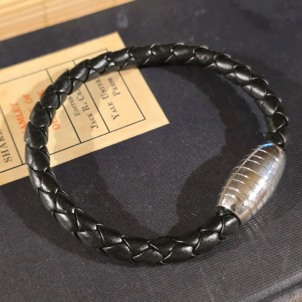 Braided Thick Black Vegan Leather Magnetic Clasp Bangle Bracelet